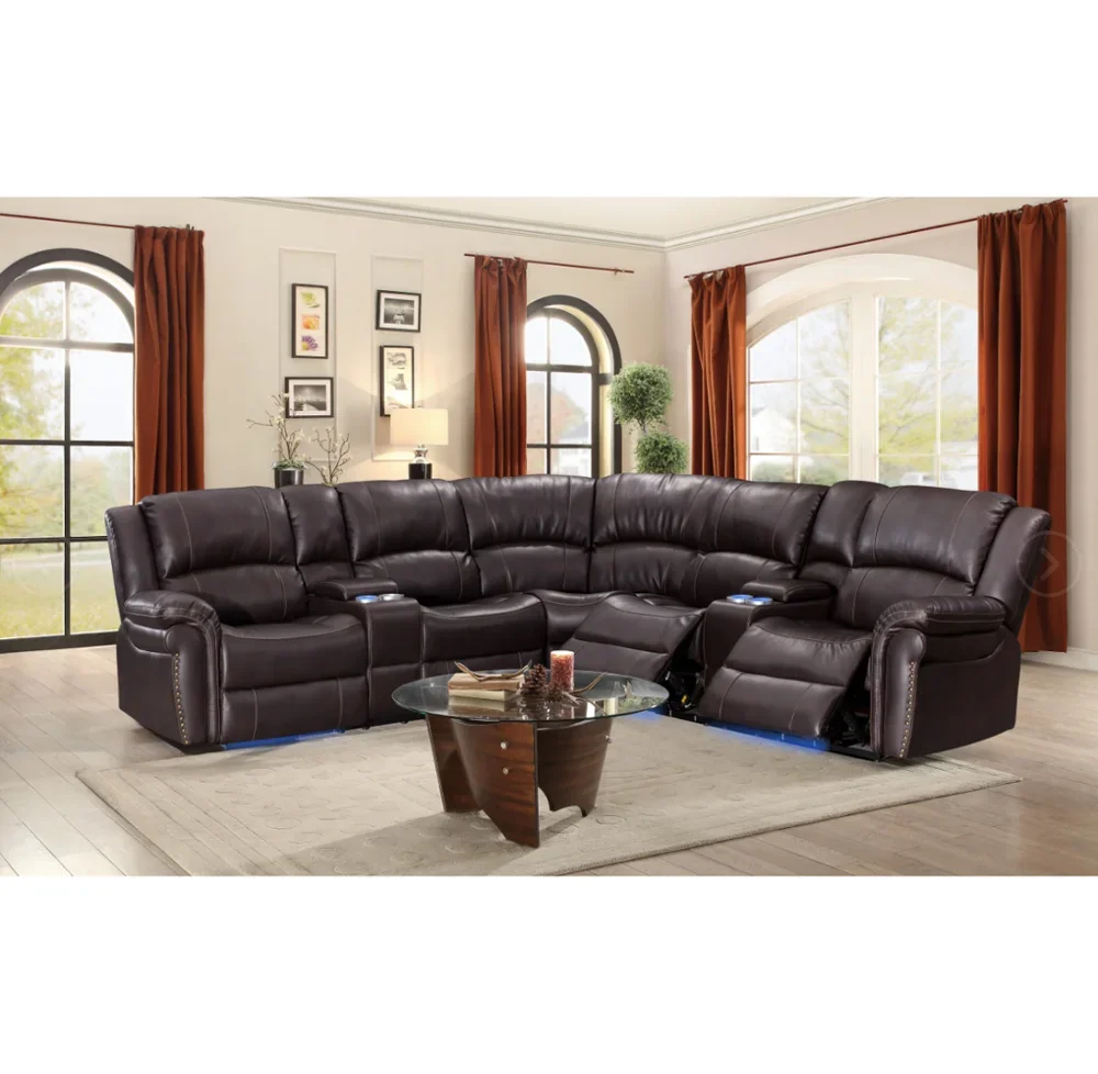 Frank Furniture leather 1/4 a quarter circle sectional sofa with led recliner cup holder couch