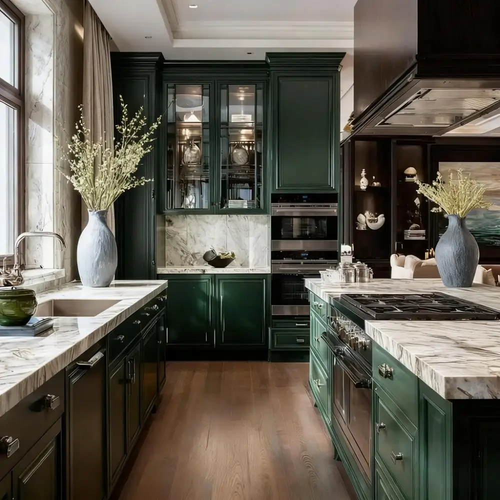 American Retro Dark Green Solid Wood Kitchen Cabinets - Whole House Customization, Full-Home Renovation, Factory Direct Making