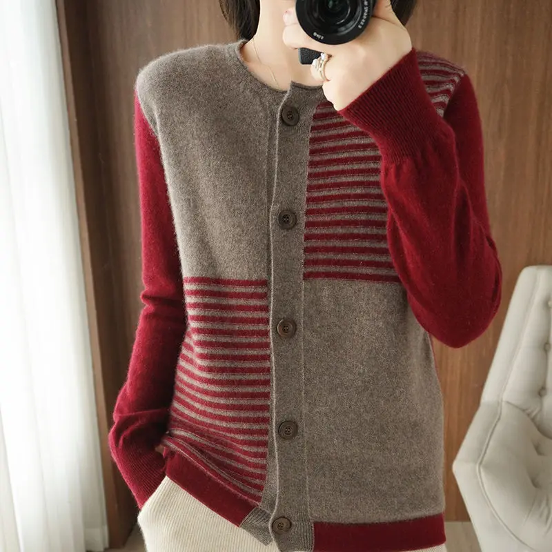 Autumn Winter New Temperament Striped Knitting Cardigan Coat Ladies Fashion Patchwork O-neck Sweater Women Clothing Vintage Tops