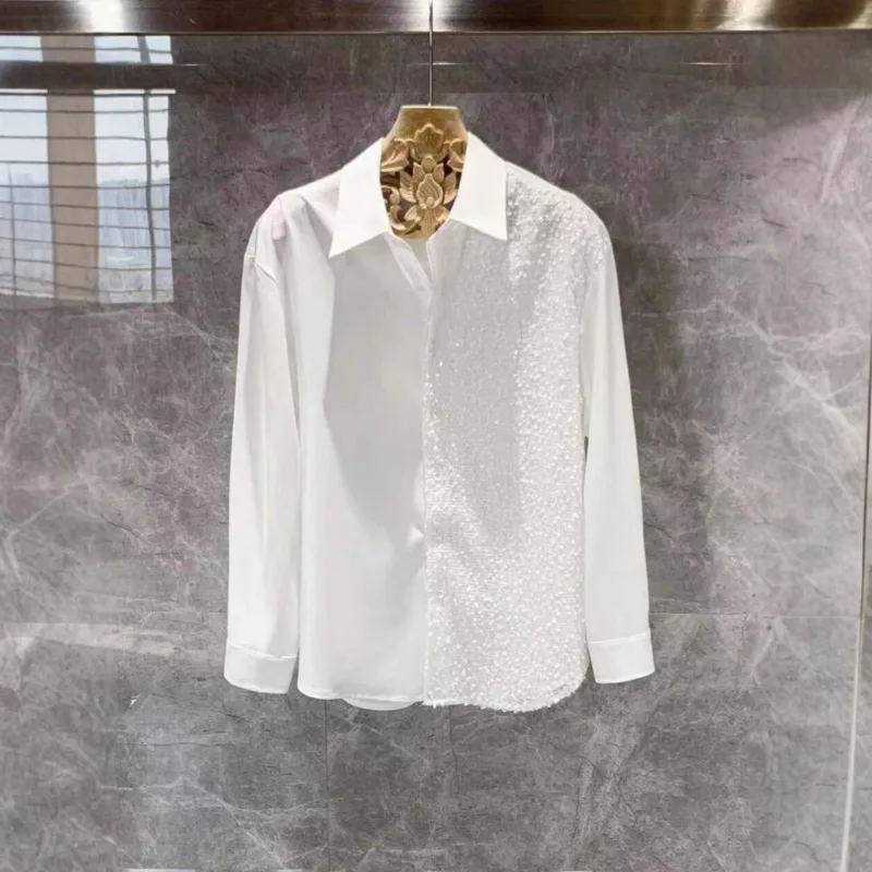 WVGA Spring Autumn New Men Niche Design Fashion Sequin Turn-Down Collar Shirt Chic Casual American Style Long Sleeve Tops W17286