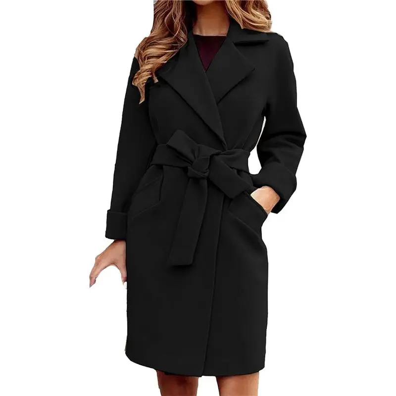 

A24F-Женское длинное пальто-тренч с элегантным воротником, повседневное осенне-зимнее пальто с поясом