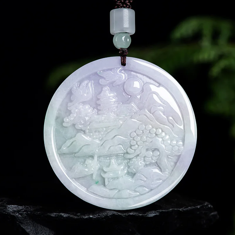 

Natural Myanmar A-grade jadeite light purple landscape brand glutinous jade pendant pendant pendant jade pendant for men and wom