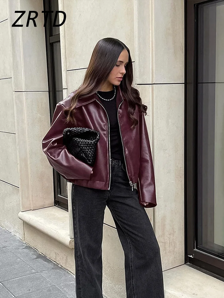 Vestes en similicuir bordeaux pour femmes, manches longues, fermeture éclair à revers, mode féminine élégante, vêtements d'extérieur de rue pour dames, automne, hiver, 2024