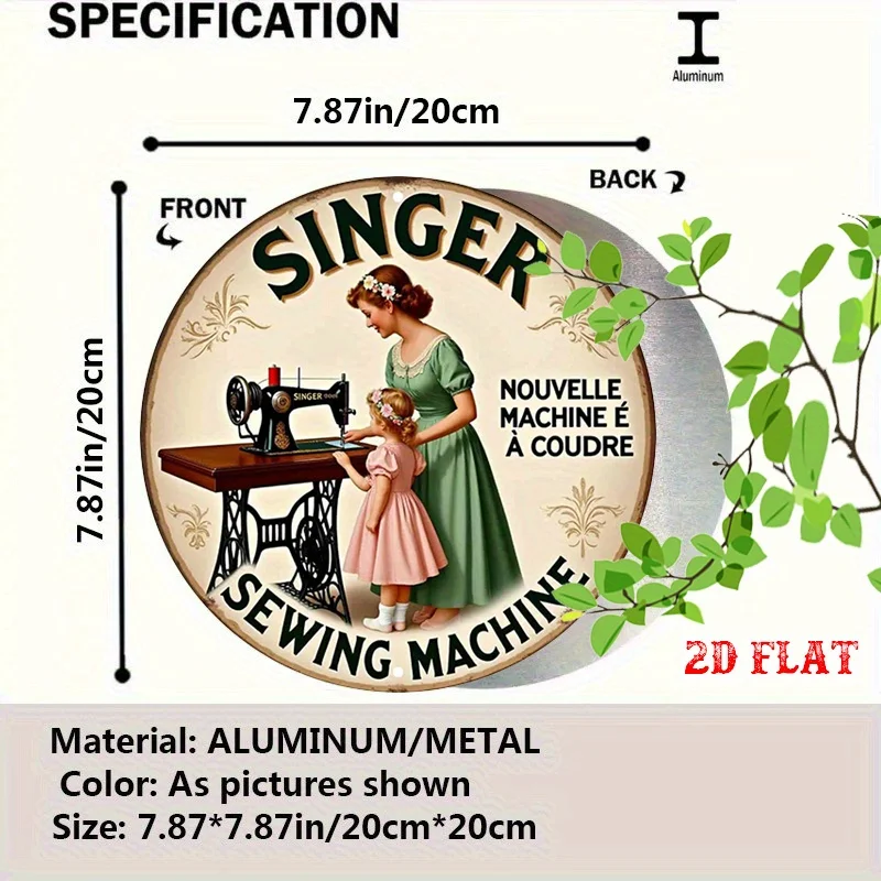 2D Flat, 1pc Vintage Sewing Machine Metal Tin Sign - Retro Art Round Aluminum Wall Decor with 