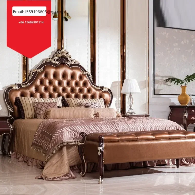 

Retro American solid wood bed European double leather Neoclassical carved soft foreskin bed