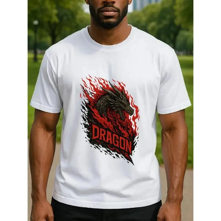 【New style】The Majestic Dragon Head Surrounded by Flames Imprints Immortal Power and Dominance on Its Body. Men's Printed Short