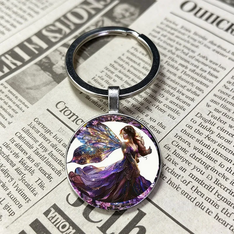 Exquisite New Product Fairy Round Keychain, Purple Floral Wing Butterfly Elf Glass Cabochon Key Ring, Fantasy Boho Bag Charm Pen