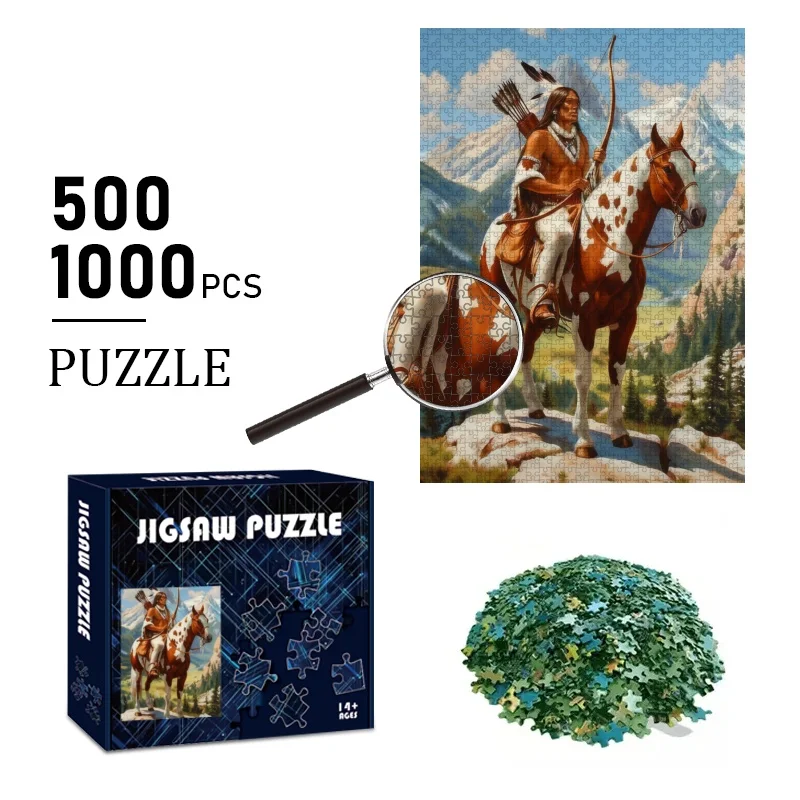 500/1000 قطعة أحجية الصور المقطوعة مع راكب أمريكي أصلي وتصميم حصان |   تحدي لغز كبير للبالغين، التعليمية وF