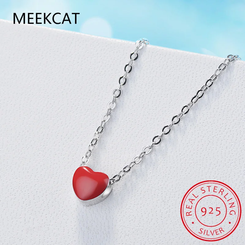 Real 925 Sterling Silver Red Enamel Hearts Pendant Necklace for Women Statement Fine Jewelry Collar Colar de Prata RHN734