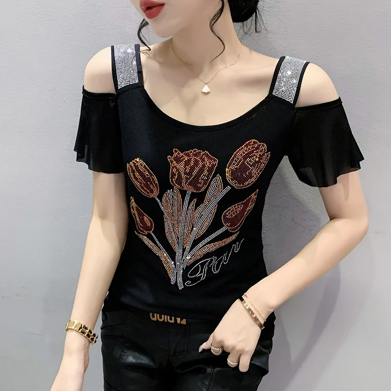 

Black Summer Korean T-Shirt Chic Sexy Off Shoulder Ruffles Shiny Diamonds Flower Women Tops Short Sleeve Hand Make Tees New 4319