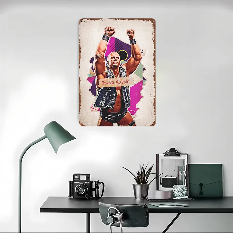 Steve Austin Wrestling Champion Art Printed Poster Customizable Wall Art Retro Vintage Metal Tin Signs for Home Room Desk Decor