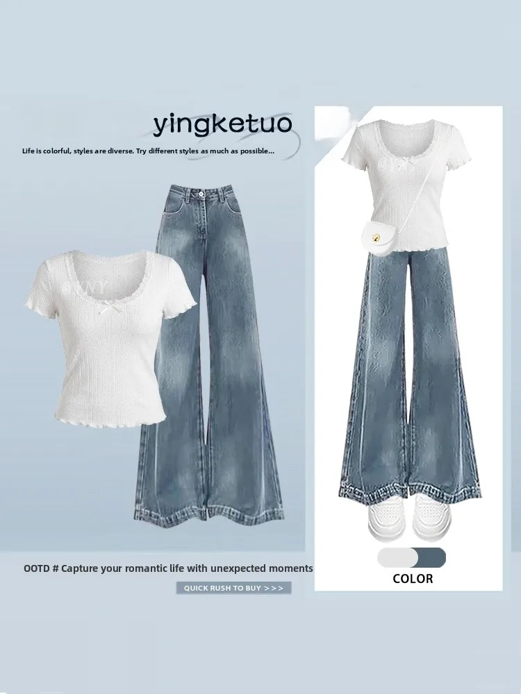 

Cute Knot Short Sleeve T-Shirt Women's Wide Leg Jeans Summer Two Piece Set High Waist Drawstring Design Casual Fashion