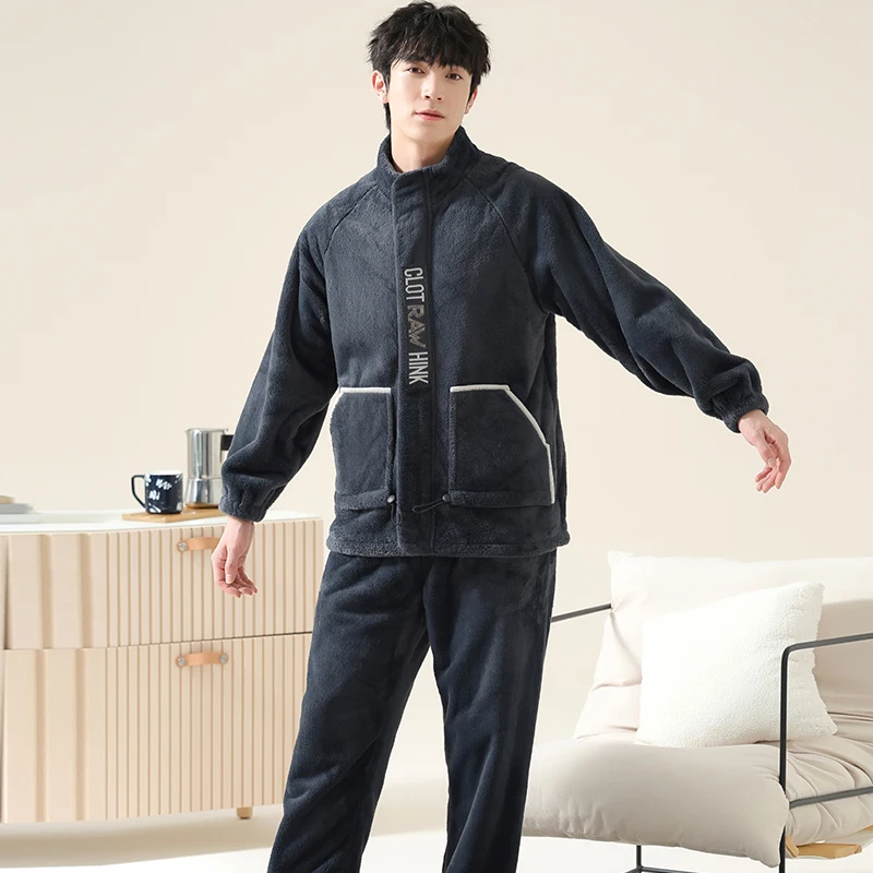 

High Quality Men Pajamas Set Winter Coral Velvet Home Service Male Loose Thickening Flannel Suit