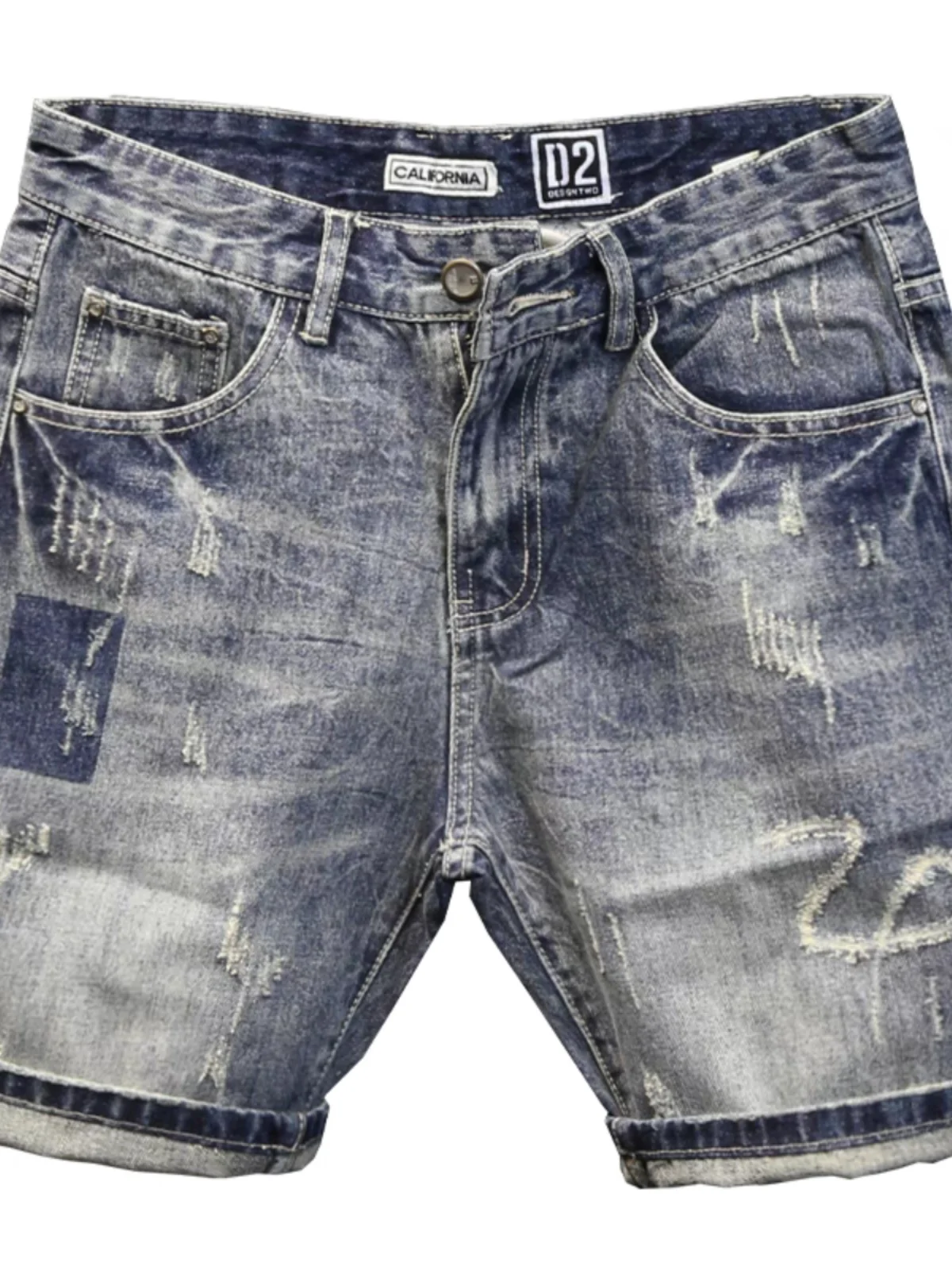 Bermuda Jeans Masculina Fina de Verão, Estilo Coreano Rasgado, Marca da Moda, Corte Slim, Crimento Médio, Cintura Alta, De...