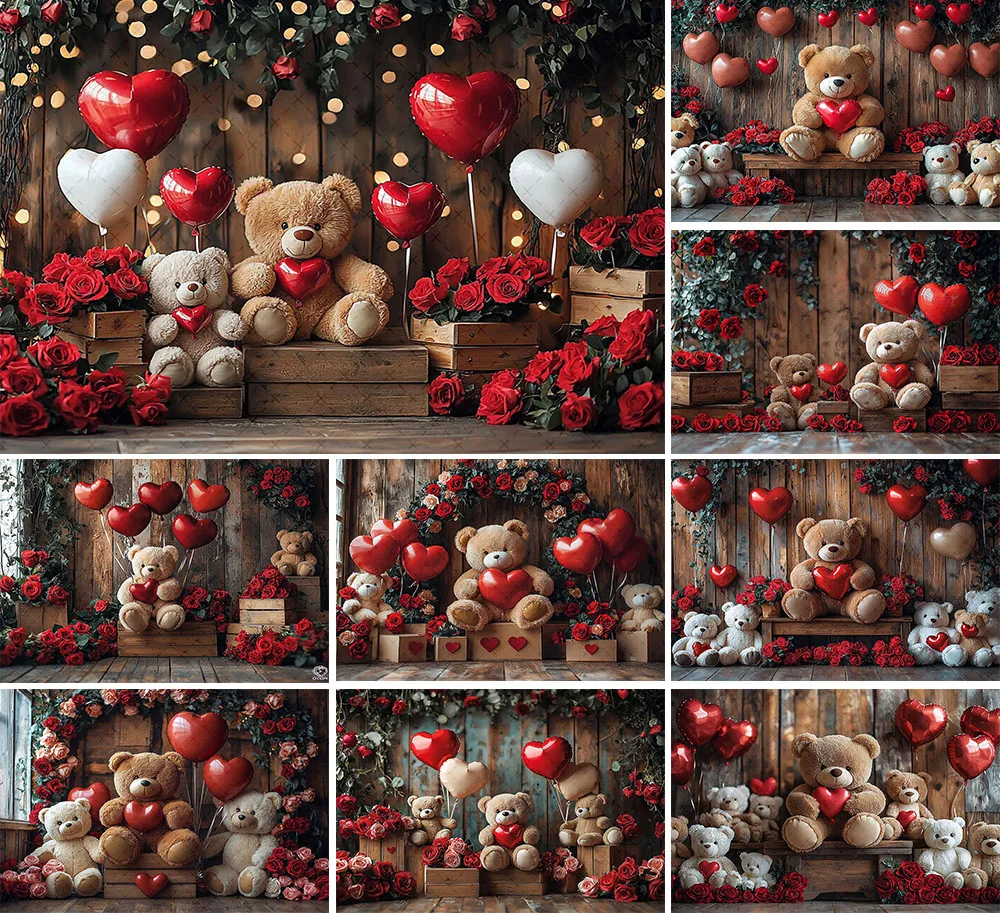 Mehofond Photography Background Valentine's Day Floral Retro Room Cute Bear Kids Birthday Portrait Decor Backdrop Photo Studio