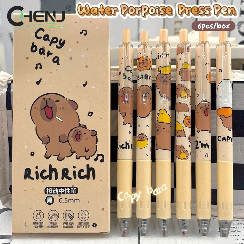 Capybara-Stylo gel mignon Kawaii, séchage rapide, écriture lisse, dessin animé, pressage, stylo al melon, fournitures scolaires, papeterie, ensemble de 6 pièces