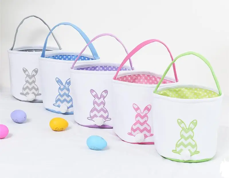 Easter Striped Bunny Basket Festive Canvas Rabbit Printing Bucket with Plush Tail Toy Candy Tote Bag for Children Gifts SN4178