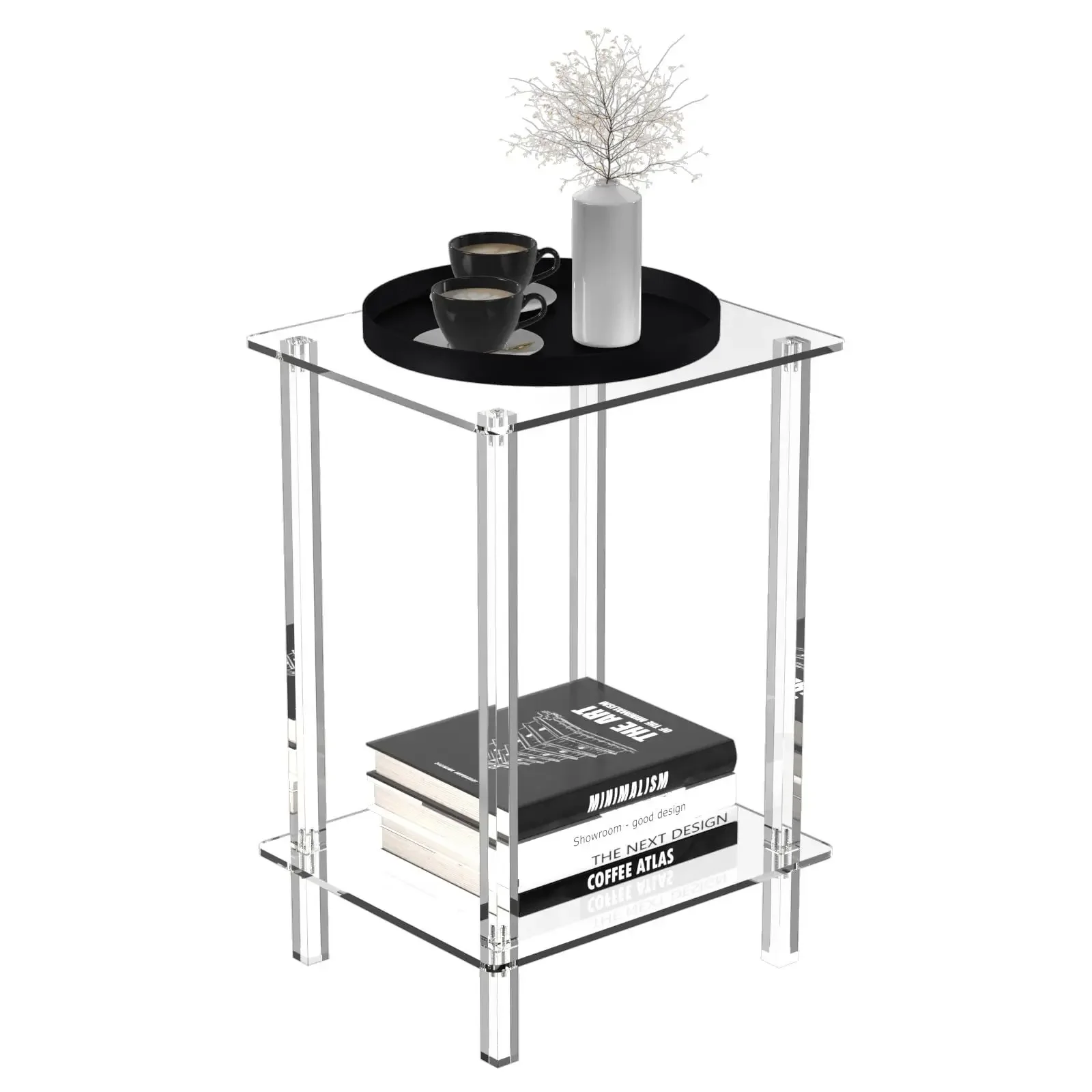 Popular transparent double-layered coffee table, acrylic transparent sofa side table, simple two-layered storage rack