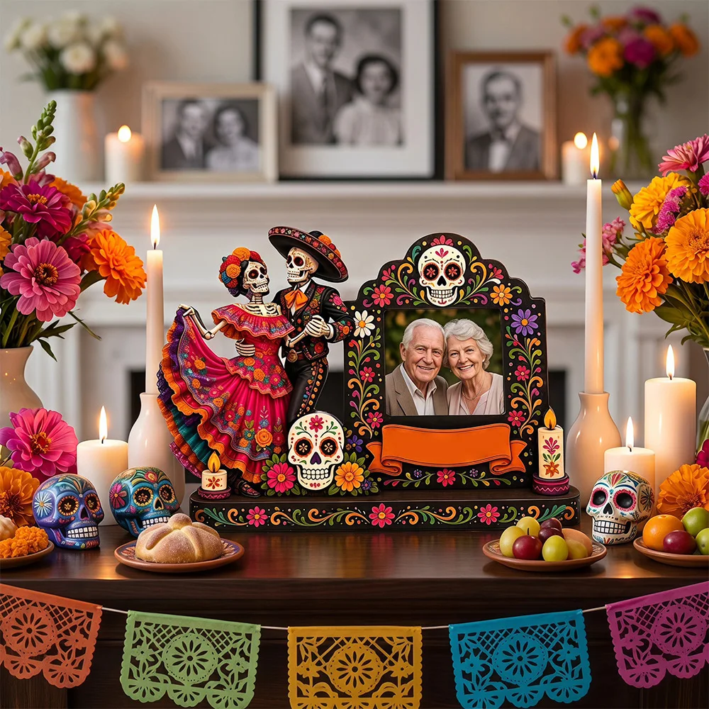 Dia De Los Muertos Wooden Ofrenda Shadow Box, Calavera Photo Frame with Marigolds, Day of The Dead Altar Decor for Remembrance