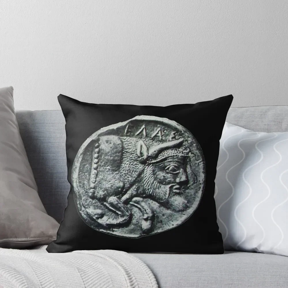 ANTIQUE GREEK SICILIAN SILVER COIN,Androcephalic Bull, River God Gelas Throw Pillow Decorative Cushion Cover pillow