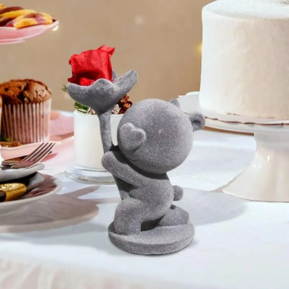 

Artificial Bear Holding Flower Statue Handmade Decoration Flocking Animal Bear Figurine Handicraft Kneeling Position