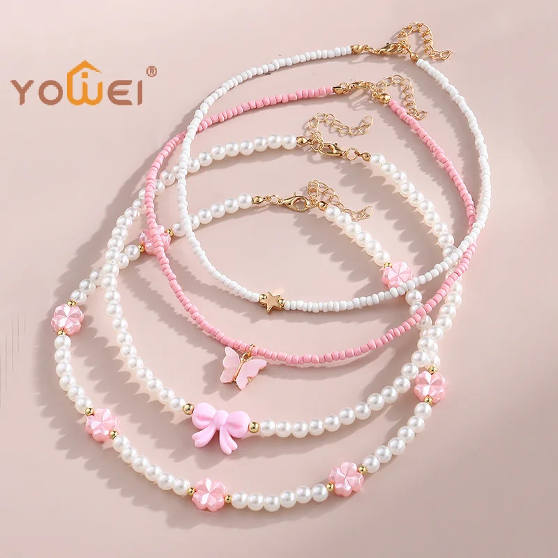 Latest 4Pcs/set Jewelry Pink Love Butterfly Pendant Imitation Pearl Rice Beads Handmade Beaded Children Necklace Friend Gift