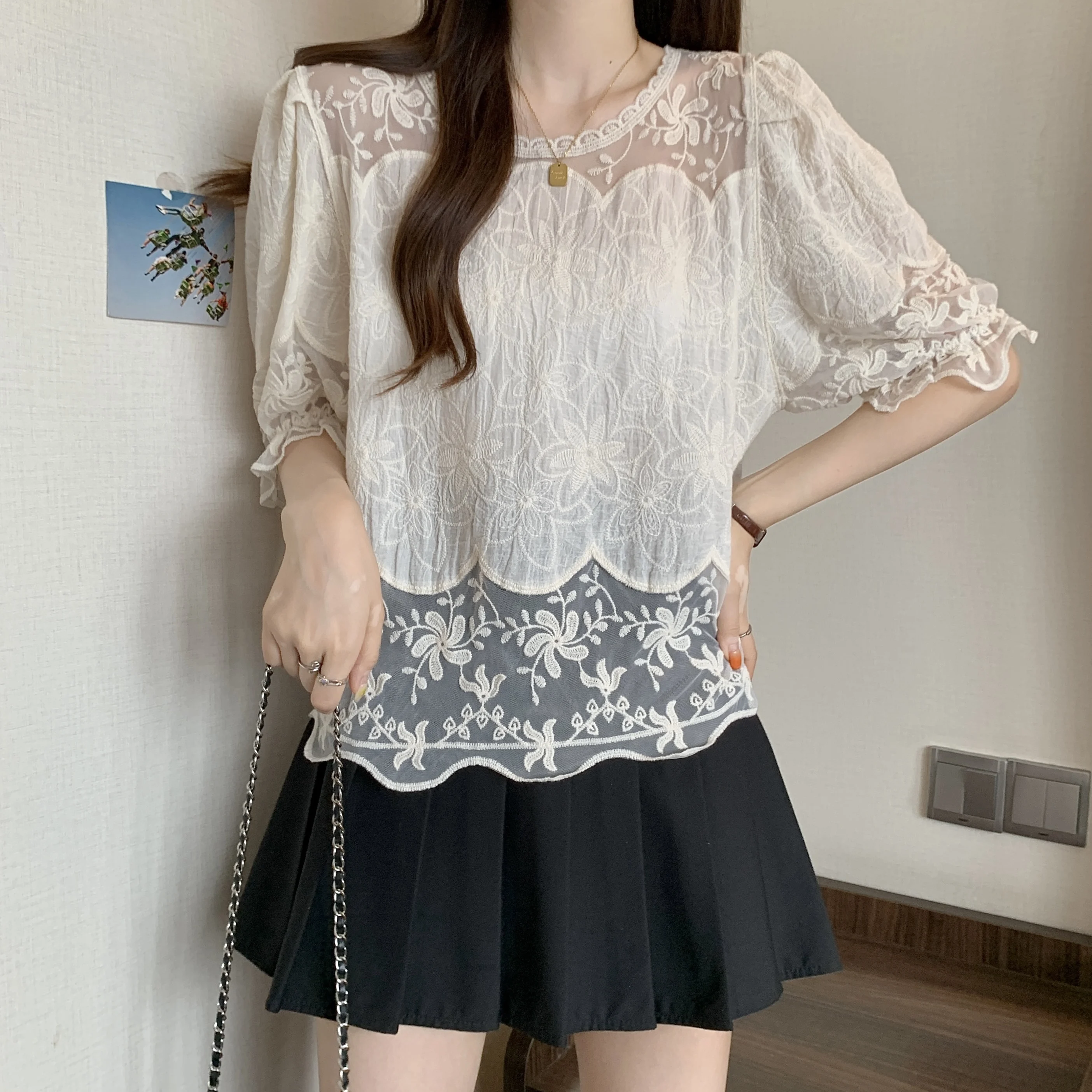 Sheer Floral Embroidery Lace Top Puff Sleeve Blouse for Women Spring Summer Korean Fashion Chic Outfit