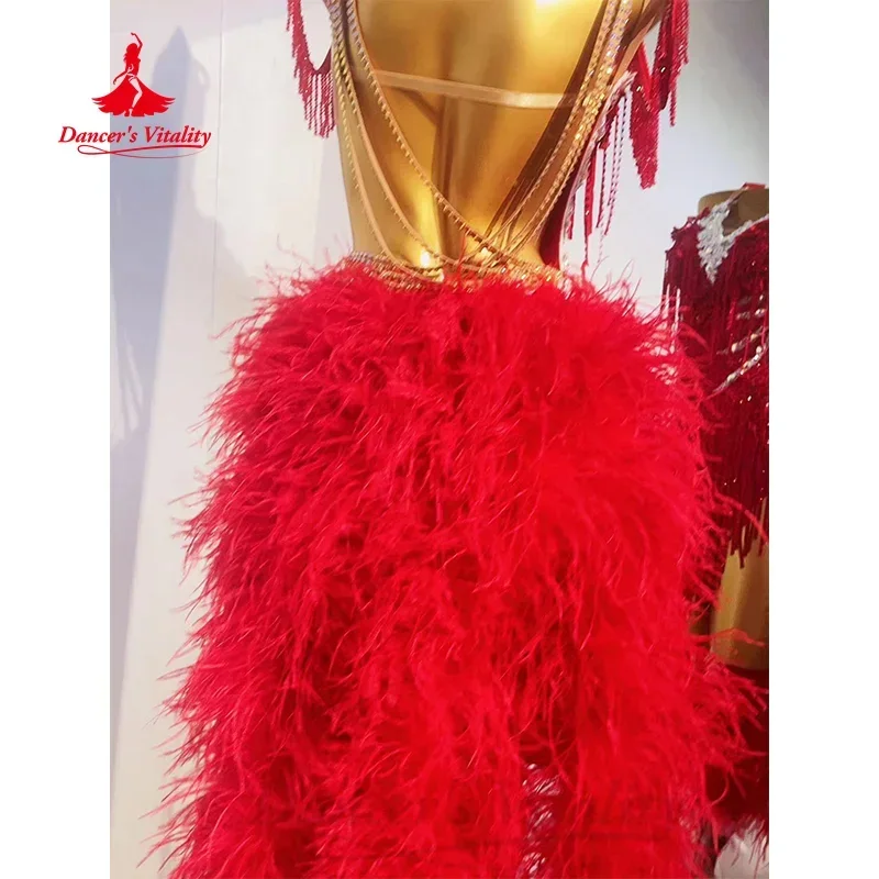 การแข่งขันเต้นรําละตินการปรับแต่งอาวุโส AB หิน Feather Tassels ชุดเด็กผู้ใหญ่ Chacha เครื่องแต่งกายประสิทธิภาพ