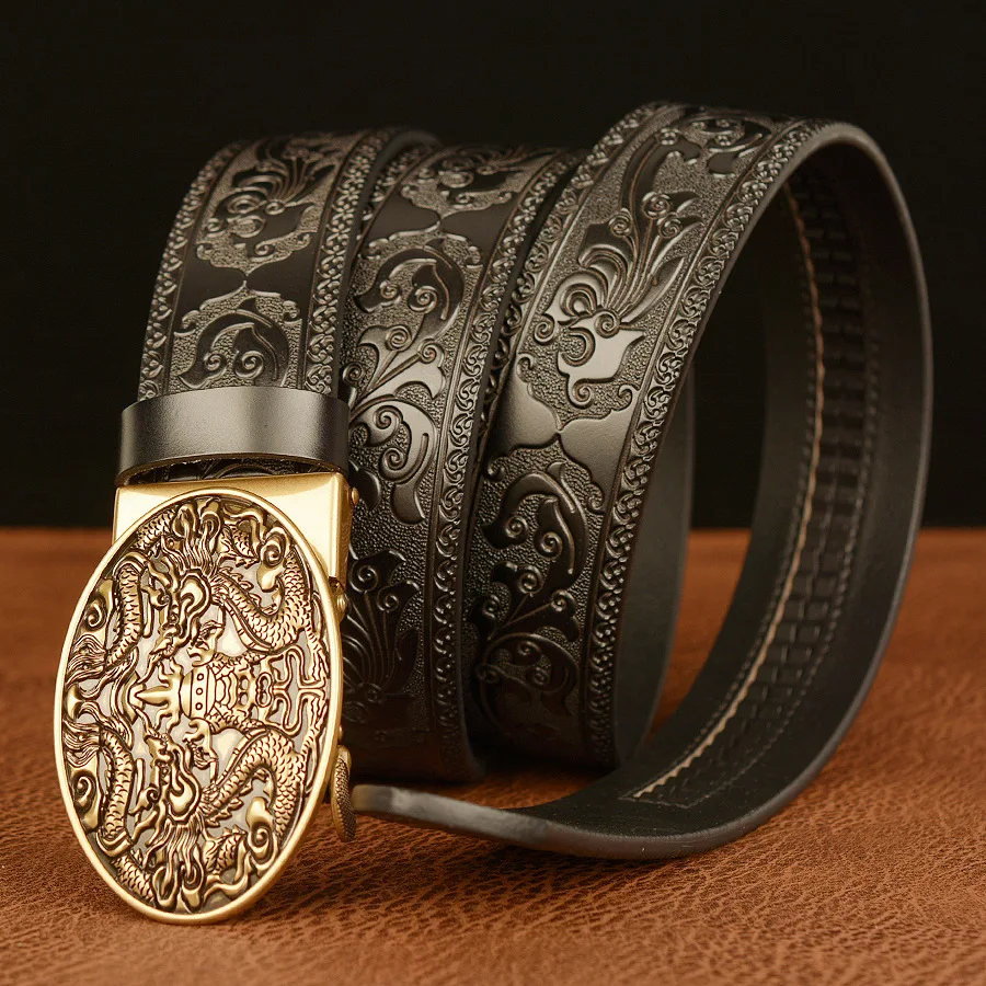 New personalized carved belt jeans with cowhide, fashionable and retro double dragon treasure grabbing automatic buckle for men'