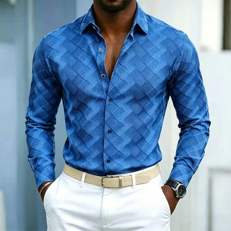 Men's shirt, European and American style gradient diamond grid printed long sleeved shirt, black and white slim fit casual shirt