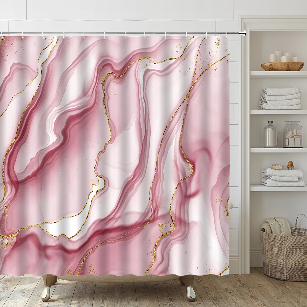 4Pcs Pink Marble Shower Curtain Set Non-Slip Rugs Toilet Lid Cover Bath Mat Bathroom Decor Set Shower Curtain Rugs Accessories