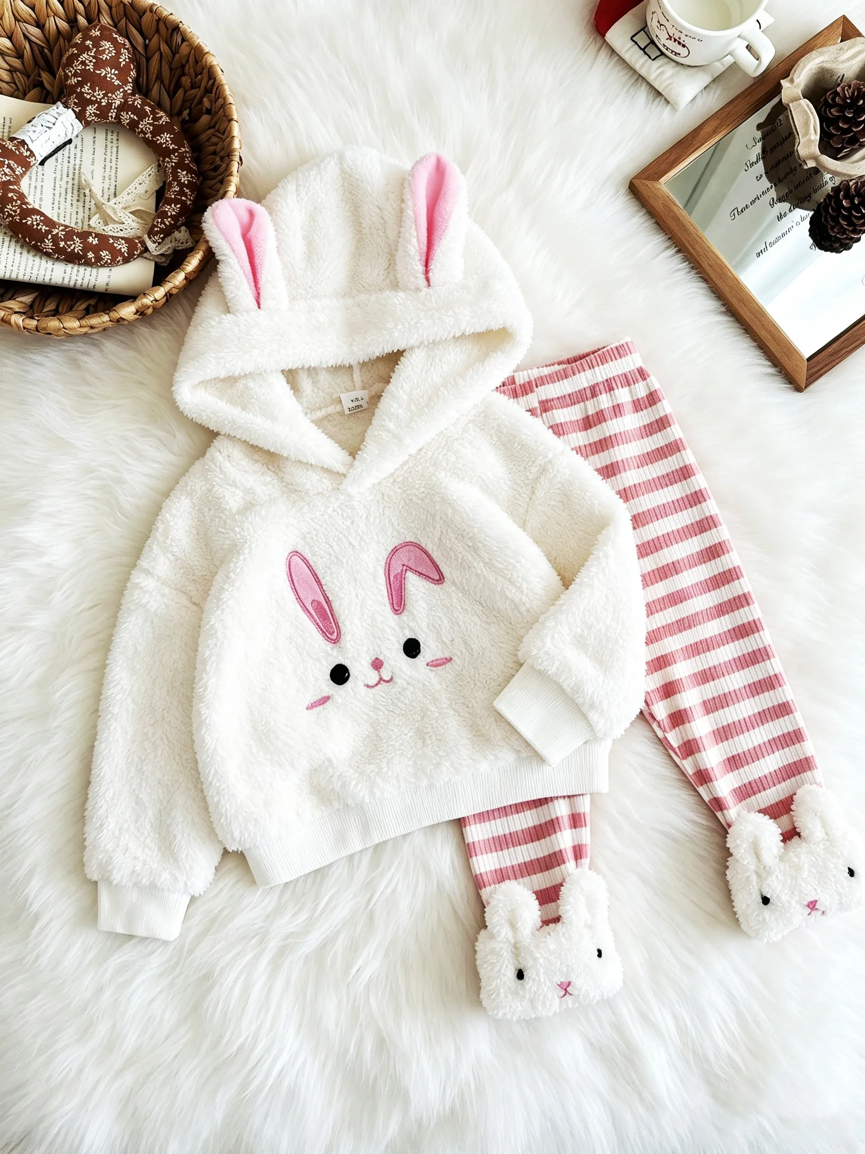 Soft Fleece baby Rabbit Hooded Sweater + Striped Leggings Winter Comfortable Homewear Set