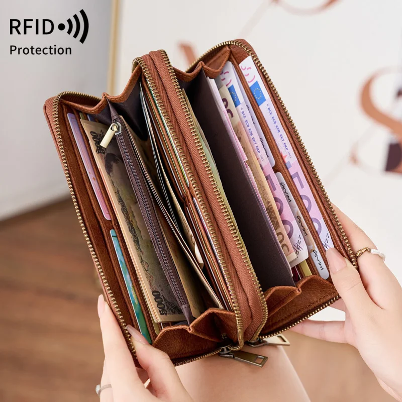 

Western Multi Functional Anti-theft Brush PU Leather Women Wallet Fashion Double Zipper Large Capacity Purse for Ladies