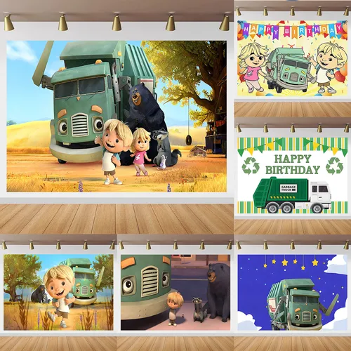 Imagen 1 del producto Disney fondo de camión de basura para niños, decoración de fiesta de primer cumpleaños, Fondo de fotografía, madeja de poliéster, accesorios de estudio fotográfico de vinilo