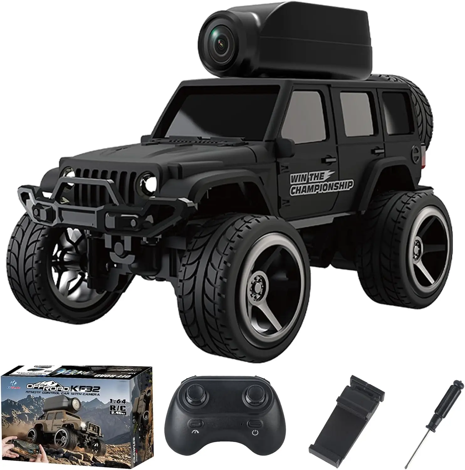 

Радиоуправляемая мини-машинка KF32 1:64 для бездорожья из сплава с управлением через приложение и пультом ДУ, HD-камерой и FPV (черная)