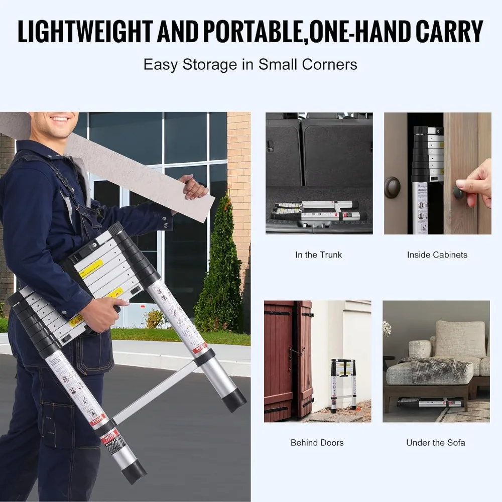 Escada telescópica de alumínio de 8,5 pés, retração de um botão, capacidade de 375LBS, pés antiderrapantes para uso doméstico/RV