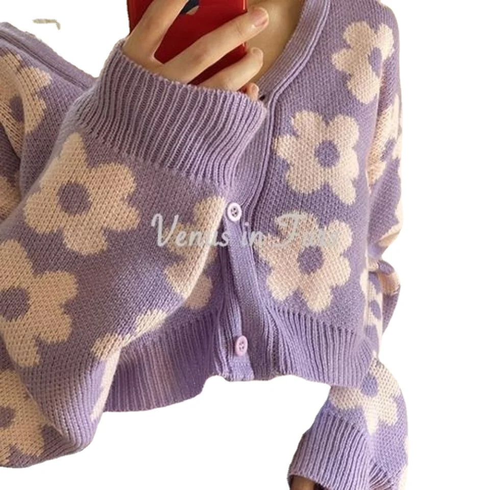 2024 New Retro Girls Cute Loose Thin Purple Flowers Short Section V-neck Knitted Cardigan Sweater Jacket