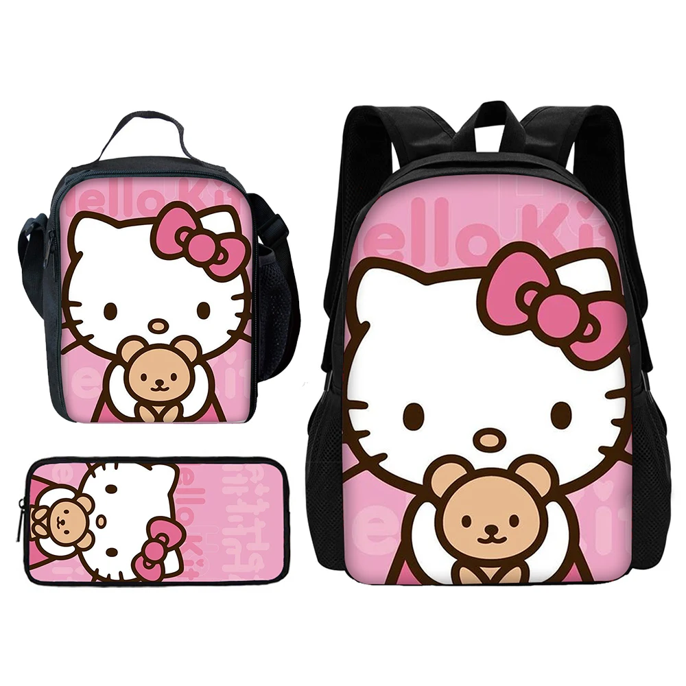 Sac à Dos d'École Hello Kitty pour Garçon et Fille, Ensemble de 3 Pièces, Mignon, Anime, Rose, avec Sacs à Déjeuner, Crayons, Meilleur Cadeau