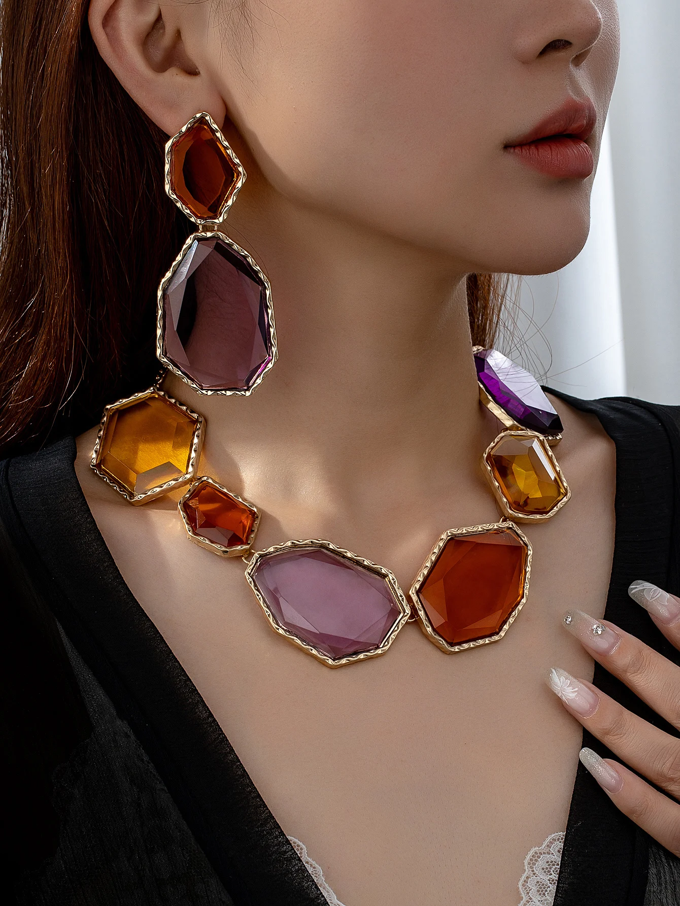 A Set of Fashionable and Versatile Exaggerated Summer Trendy Women's Jewelry Set, Including Vibrant Rubber Block Earrings and a Necklace