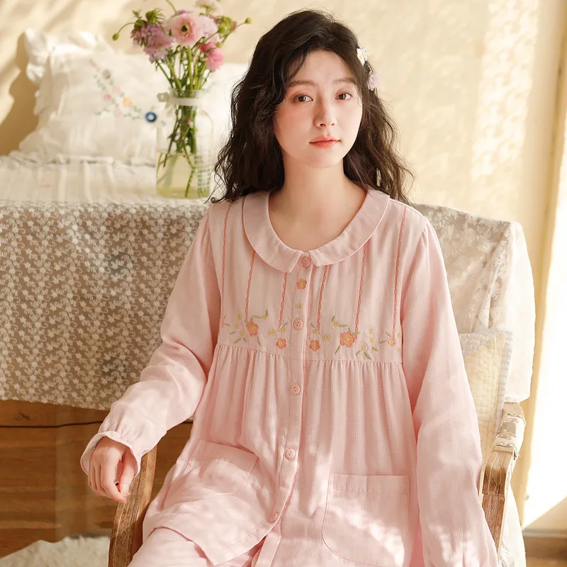 Sweet Cotton Pajama Sets For Lady Floral Print  Long Sleeve Cardigan  Loose Pyjamas Spring Summer Nightwear