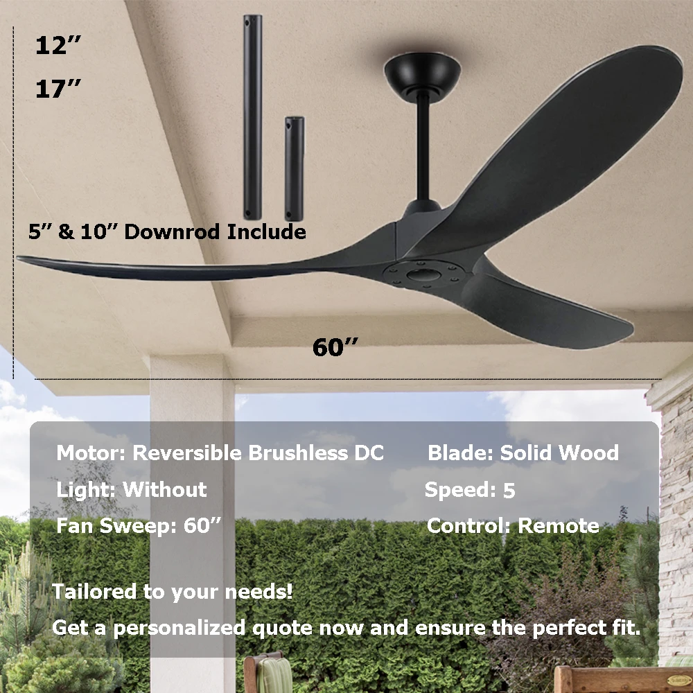 Luxury Matt Black 60 Inch Wooden Blade Ceiling Fan Without Light - Energy-Efficient, Silent Operation & Modern Elegance