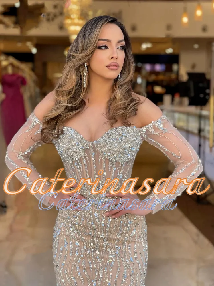 Sparkly Sequins Long Sleeves Mermaid Prom Dresses Off Shoulder Champagne Saudi Arabic Women Formal Wedding Party Evening Gowns