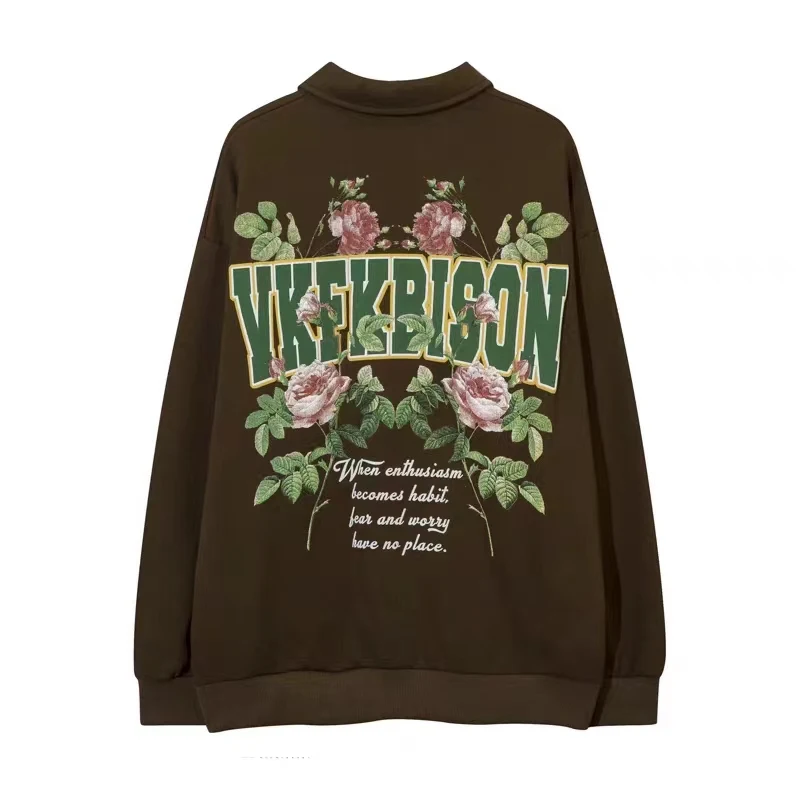 American vintage foam rose lettering printed cotton long-sleeved hoodie for men in autumn oversize fashion brand loose top stree