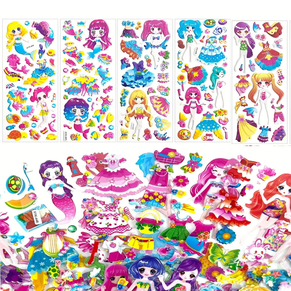 5 قطعة فتاة فستان ملصقات ثلاثية الأبعاد حوريات البحر الأميرة لطيف قابلة لإعادة الاستخدام منتفخ ملصقات DIY بها بنفسك الحرفية هدية عيد ميلاد ديكور الحفلات ZSY