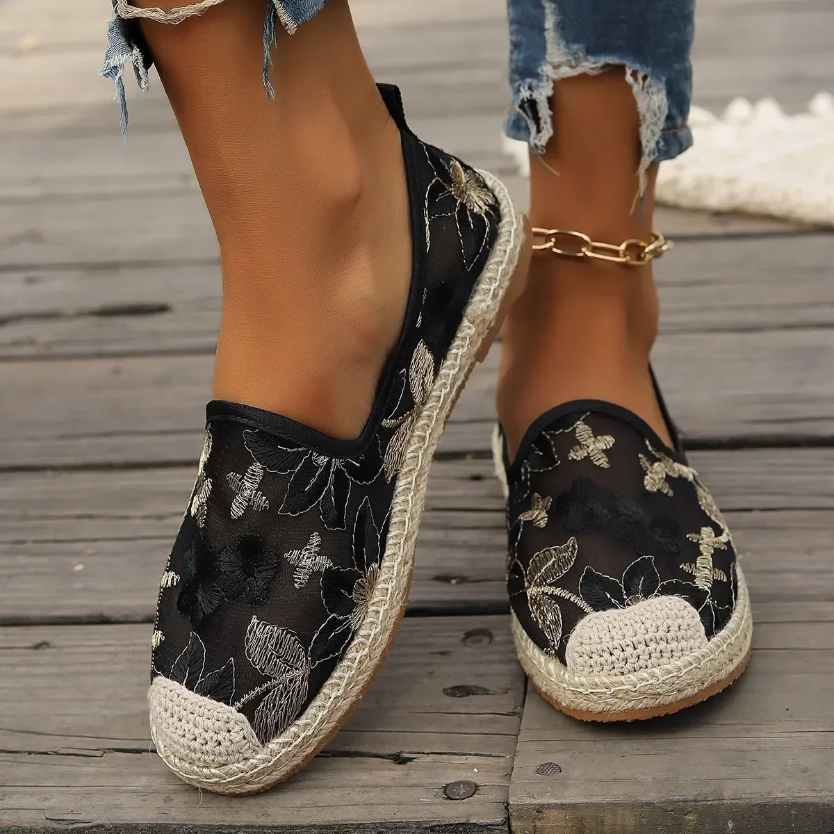 Large Size Single Shoe Women\'s 2024 Summer New Lace Mesh Hollowed Out Women\'s Flat Bottomed Fisherman\'s Shoes flat shoes women
