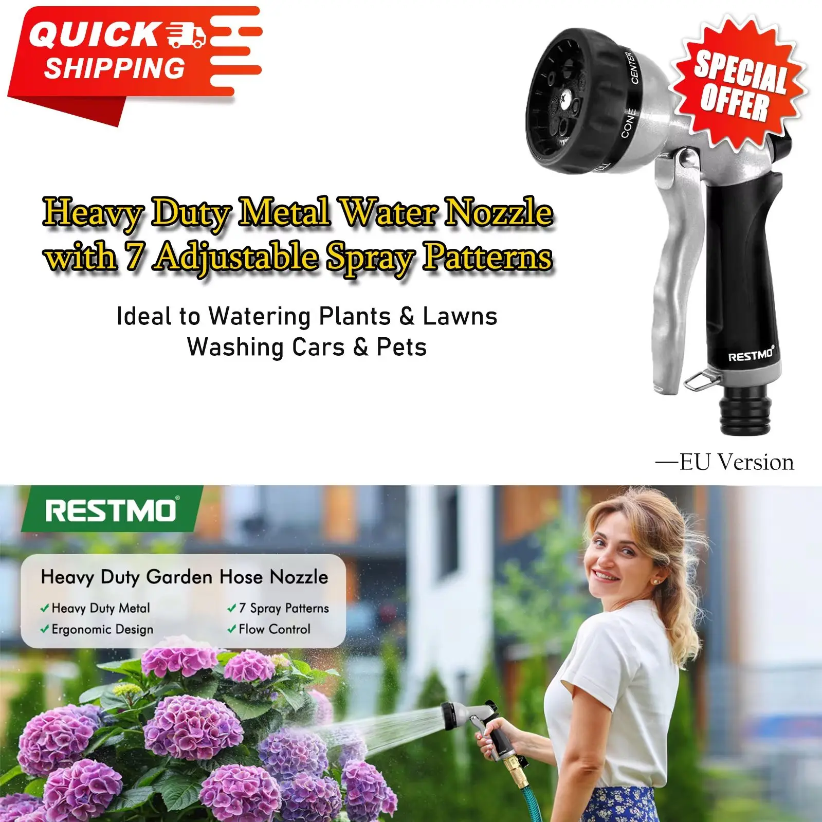 

High Pressure Garden Hose Nozzle with 7 Adjustable Patterns for Watering Plants Washing Cars And Pets with Flow Control