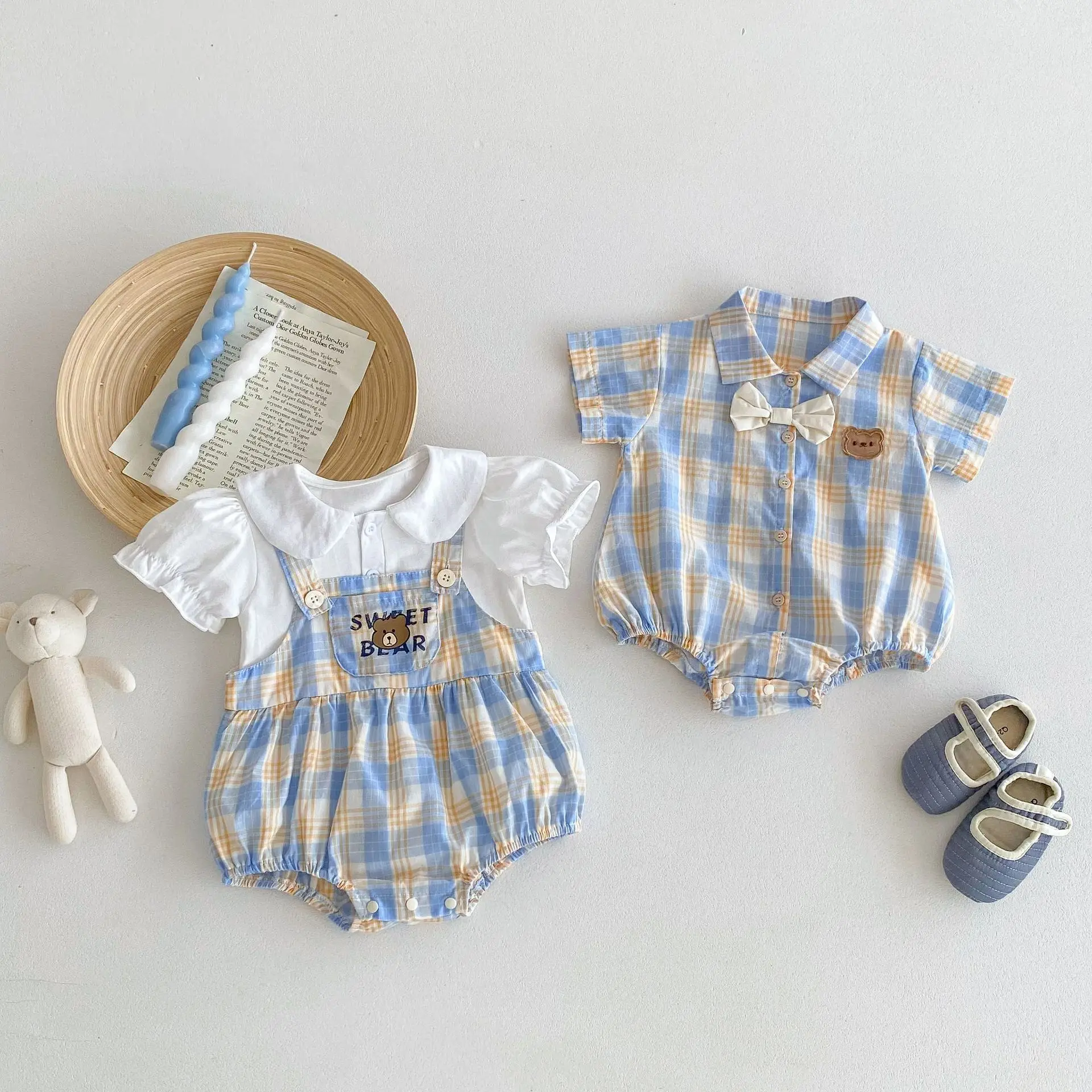 Summer Baby Cothes Cute Bear Baby Boy Bodysuit Newborn Girl Set Solid Top +Plaid Overalls Outfits Korean Brother Sister Clothes