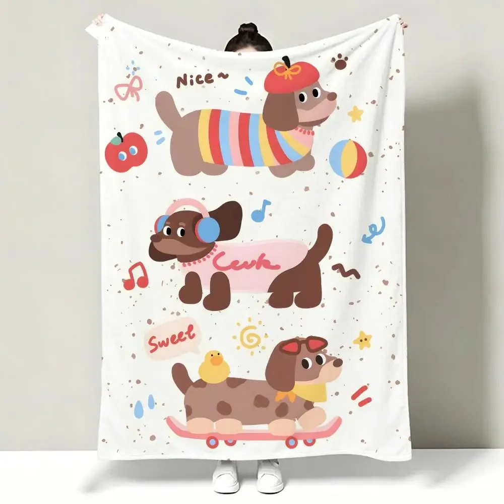 Lovely Cartoon Dog Pattern Throw Blanket Cute Dachshund Skateboard Music Headphones Print Decorative Sofa Blanket for Bed