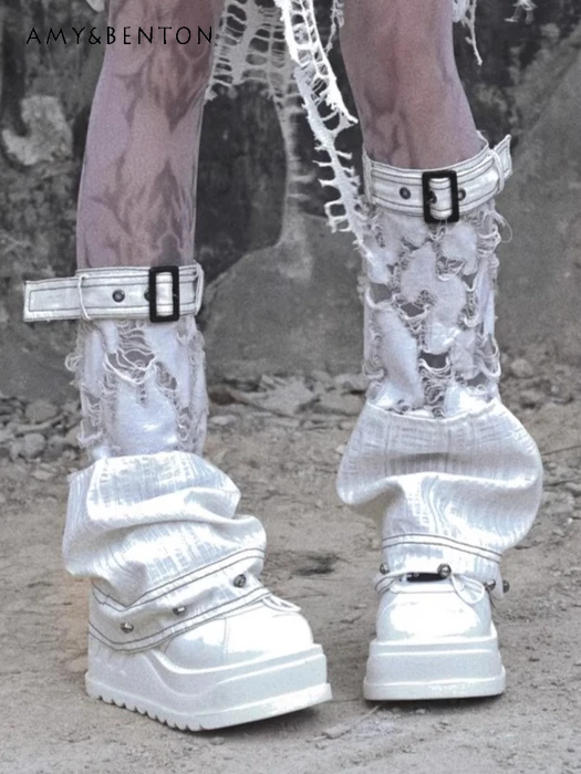 

Оригинальные субкультуры, эластичные рваные гетры с заклепками, носки, многослойные носки, Хэллоуин, гот, панк, стиль, кружевные гетры на пуговицах