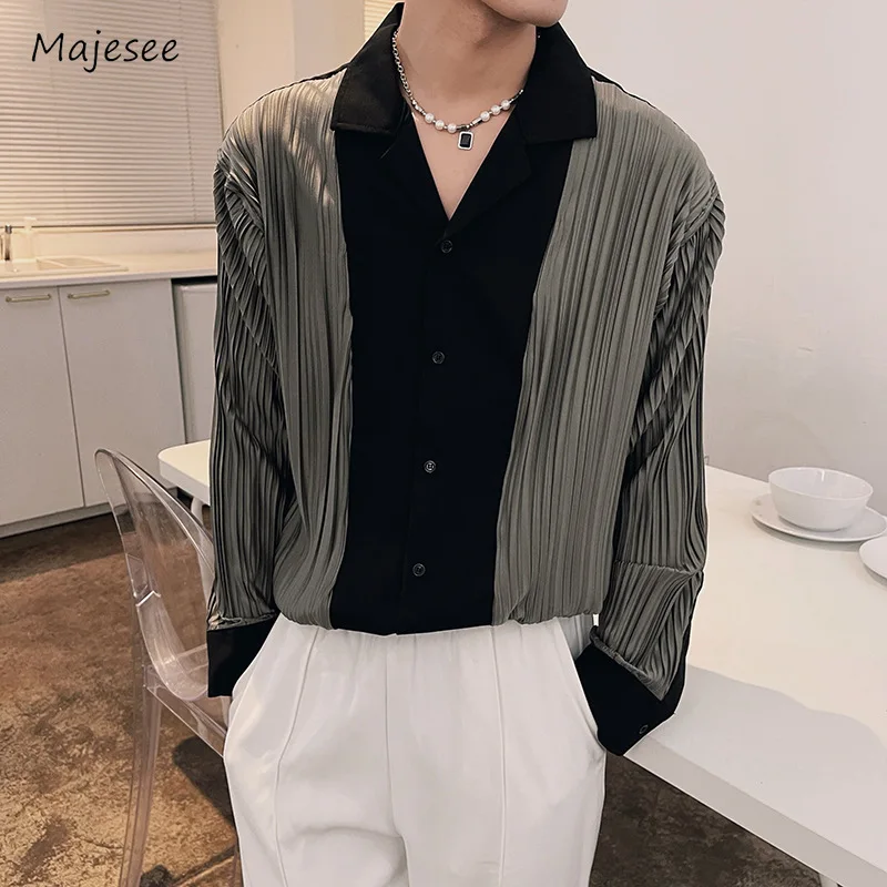 

Pleated Shirts Men Cozy Smart Casual Handsome Turn-down Collar Long Sleeve Korean Style Fashion Panelled Spliced Spring Autumn